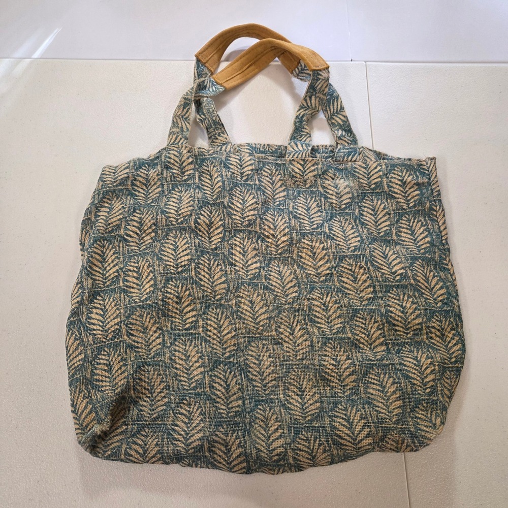 rockflowerpaper Blue Jute Fern Leaf Print Tote Bag Padded Handles 18x15